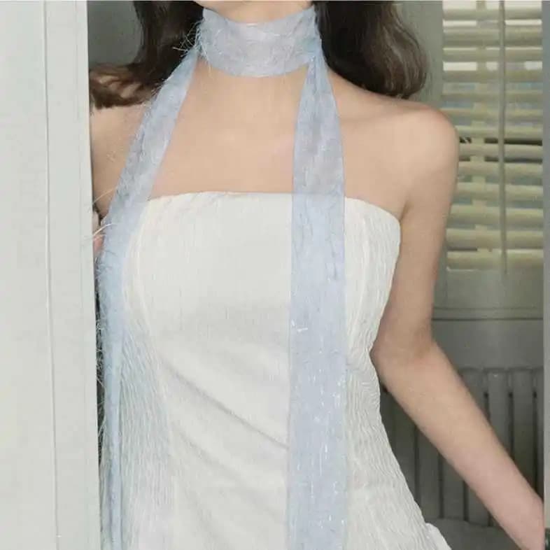 Spring Summer Sweet Style Blue Flowing Sand Long Silk Scarf for Women Relaxed Long Ribbon Tie Hair Flowing Sand Scarf