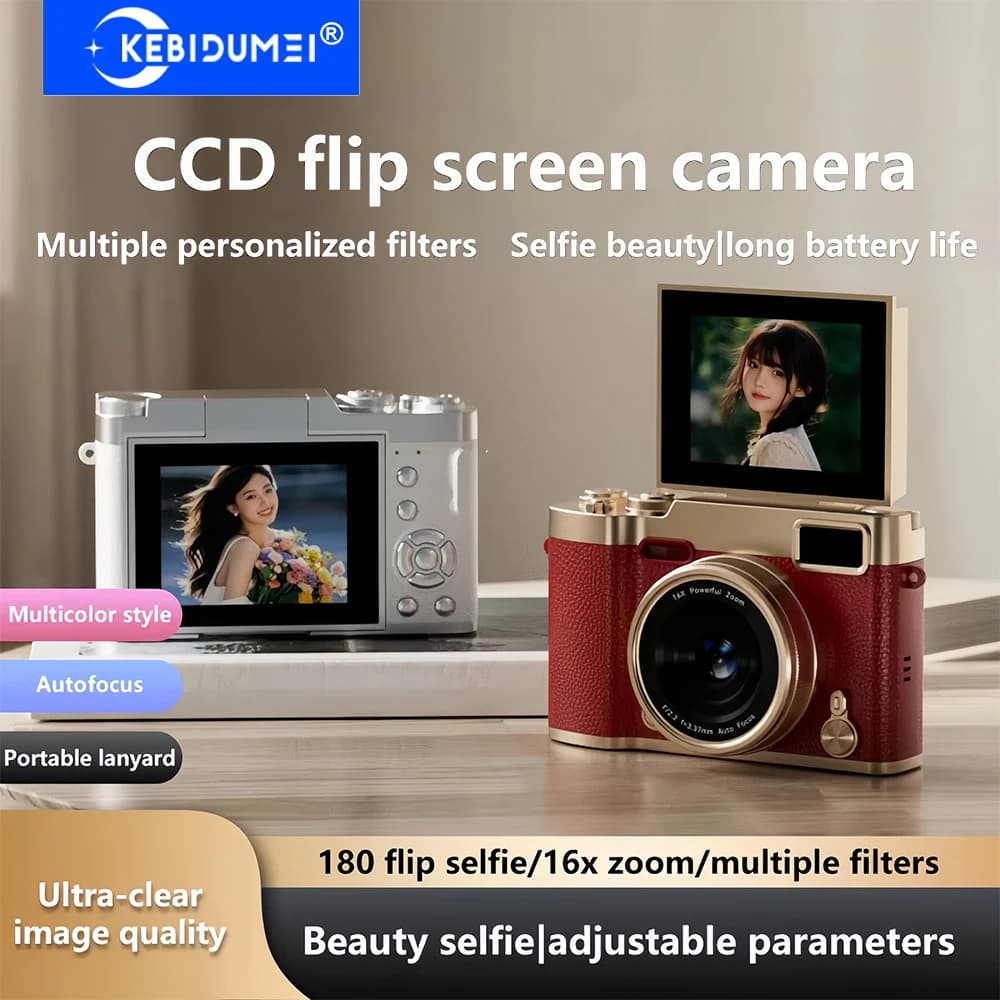 KEBIDUMEI Retro Flip Screen CCD Digital Camera 1080P HD 16X Zoom Beauty Filters 2.4" Screen Selfie Camera with Flash for Student