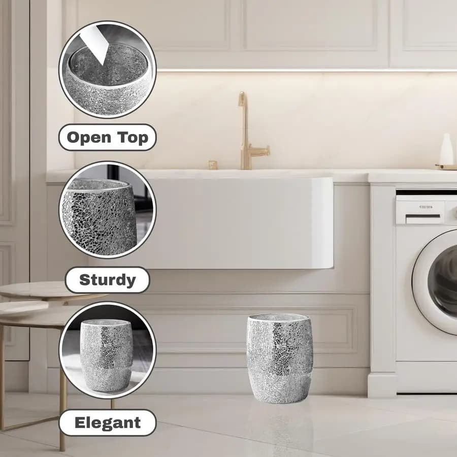 Pattumiera moderna per bagno, vetro mosaico argento, 5 litri, 7 x 10, cestino per rifiuti di lusso per bagno, camera da letto, ufficio, cucina decorativa