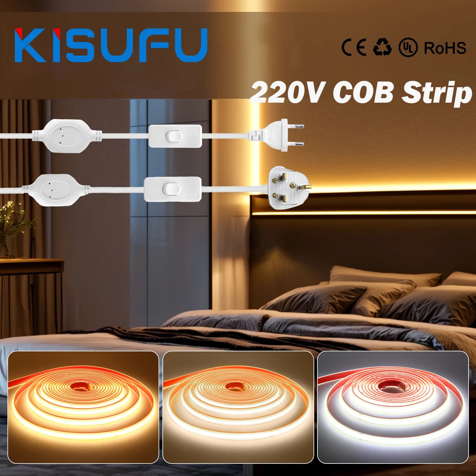 220V 230V COB Strip Light With/No Switch Plug 3000K 4500K 6000K 288LEDs/M High Bright Adhesive LED Light Outdoor Indoor Decor