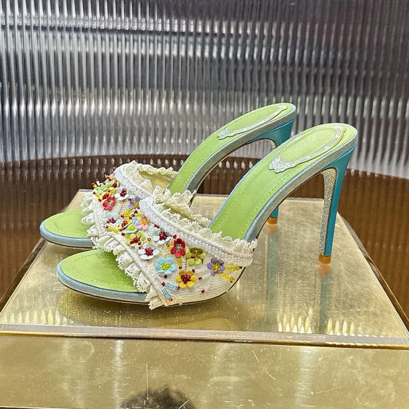 New Summer Slippers Mixed Color Flower Thin High Heel Women Versatile Sweet Style Open Toe Sandals Party Dress Shoes Lazy Shoes