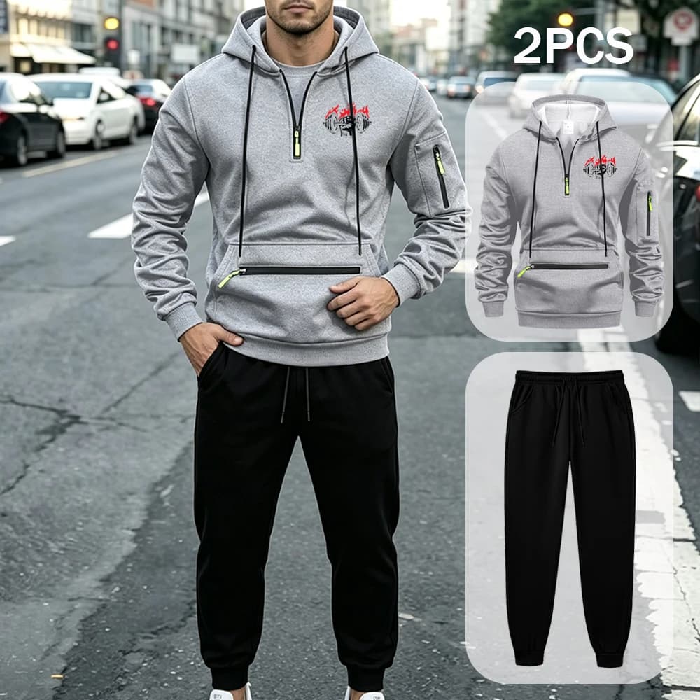 Men 2PCS Tracksuit Lift Dumbbells Print Half Zip Hoodie Elastic Waist Drawstring Pants Casual Daily Sports Suit With Zip Pockets
