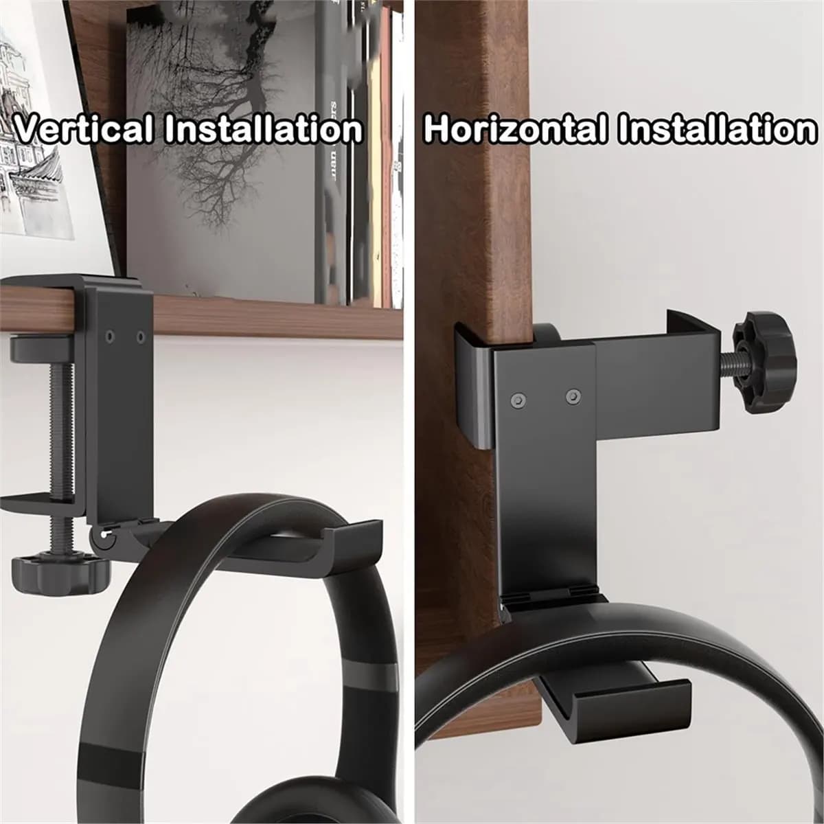 Okay Under Desk Supporto per cuffie Supporto per gancio per cuffie pieghevole Supporto per morsetto per cuffie da gioco in alluminio Gancio in silicone antiscivolo Nero