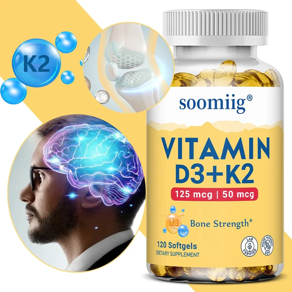 Vitamin D3 K2 - Bone health supplement and immune support - with 5000 UI vitamin D and 50 Mcg vitamin K, without soy