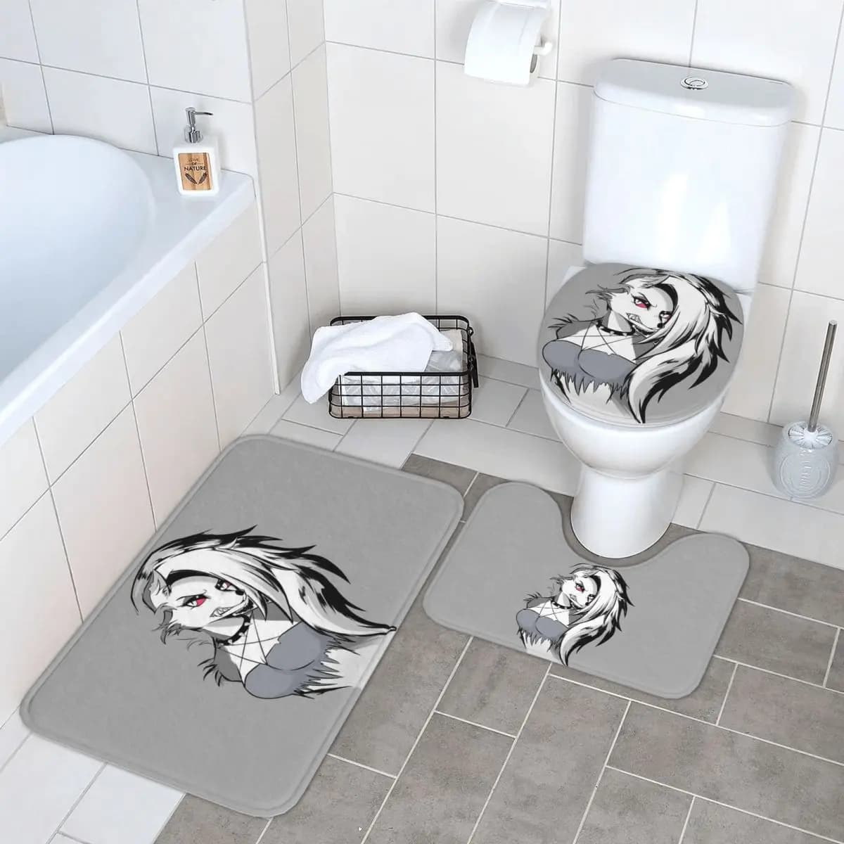 Helluva Boss Loona Tappetino da bagno 3 pezzi Set da bagno Copriwater Decorazioni per la casa Tappeto antiscivolo
