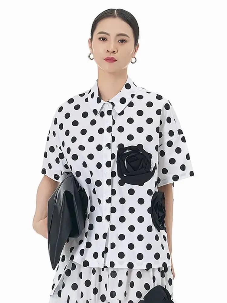 Camicetta casual da donna di grandi dimensioni con fiore 3D a righe nere Nuova camicia a maniche corte con risvolto Moda marea Primavera Estate