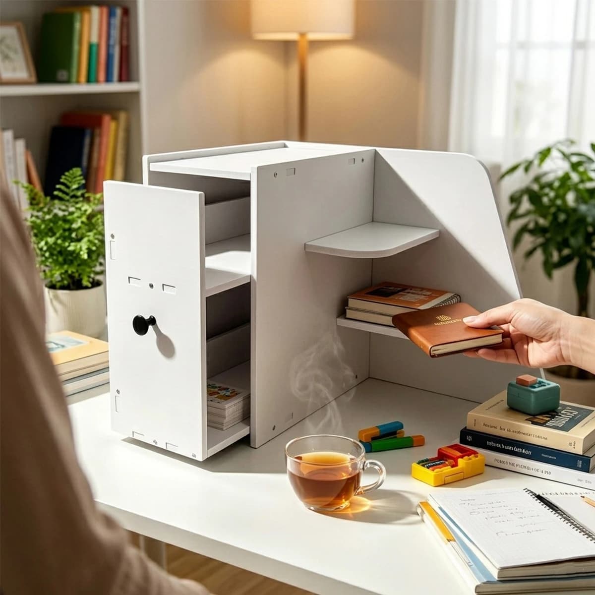 White Corner Desk Organizer with Door, L-shaped Storage Shelf for Stationery & Cosmetics