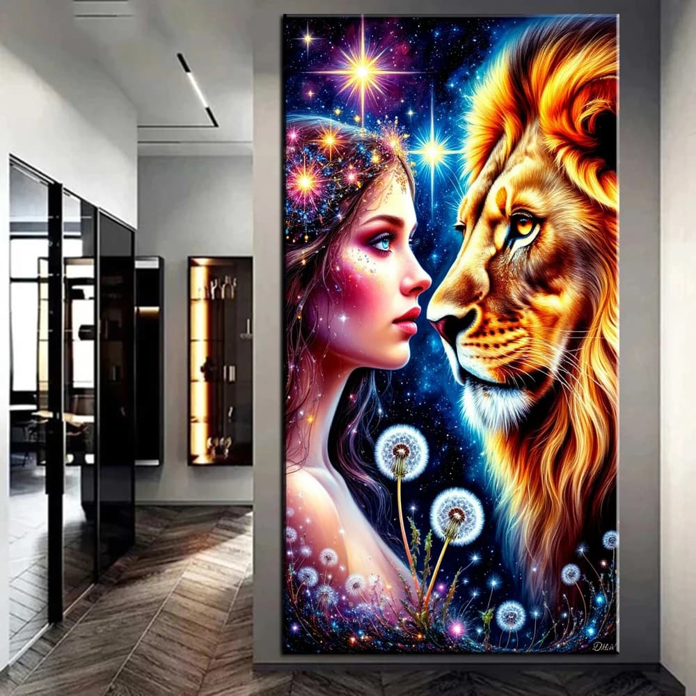 Beautiful Woman Flowers Panther And Lion Diamond Art Full Diamond Painting Mosaic 5D Animal Diy Cross Stitch 100x200cm To Choose
