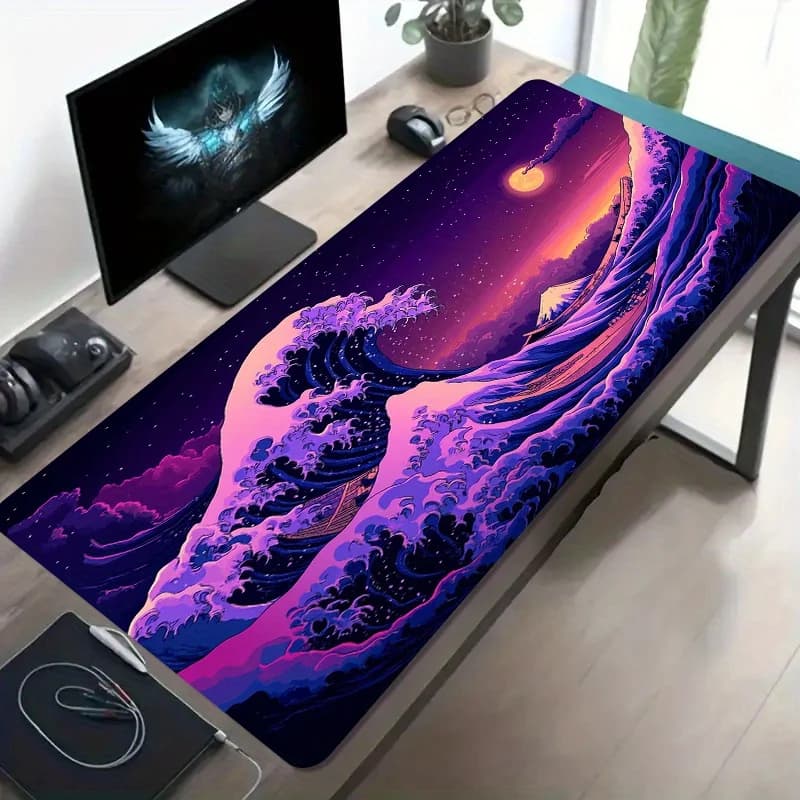 Tappetino per mouse XXL viola rosa Wave Moon da 1 pezzo, tappetino da scrivania in gomma antiscivolo, per PC da gioco e ufficio