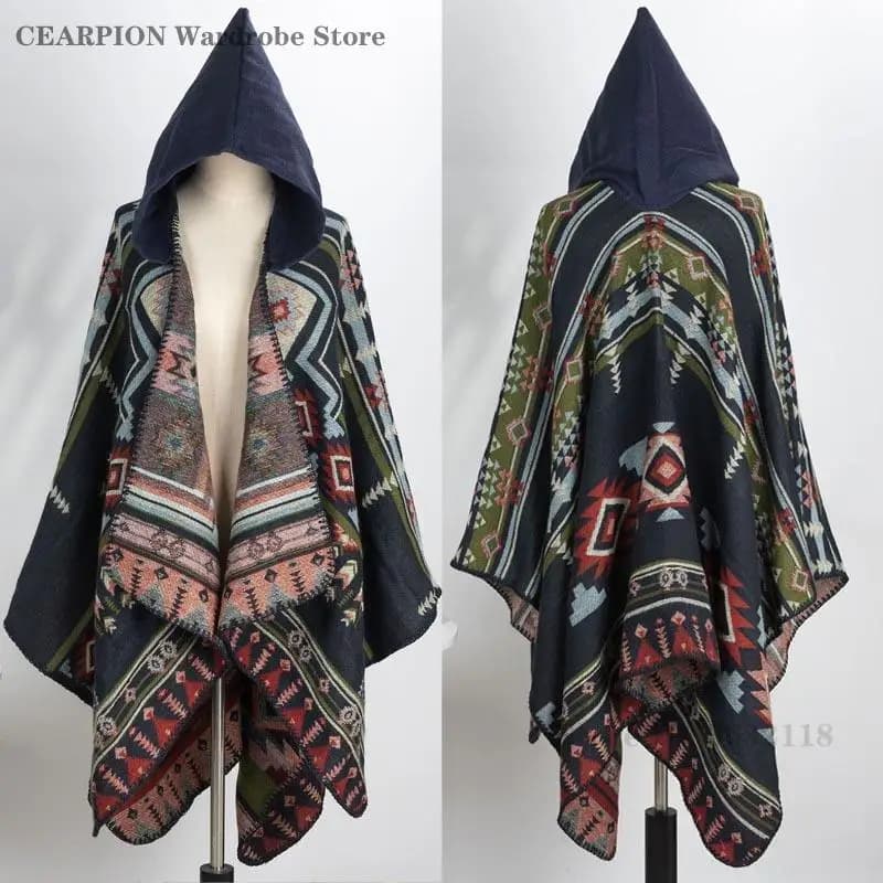 Uomo Donna Autunno Inverno Poncho Pashmina Stampa Mantello Stile nazionale Sciarpa da viaggio Cappotti con cappuccio Scialle Poncho caldo Mantelle Giacca