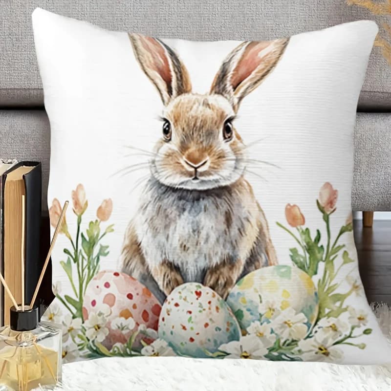 Fodera per cuscino con coniglietto pasquale e uova, stampa 2D, in poliestere, per divano – Decorazione primaverile per la casa 40x40cm