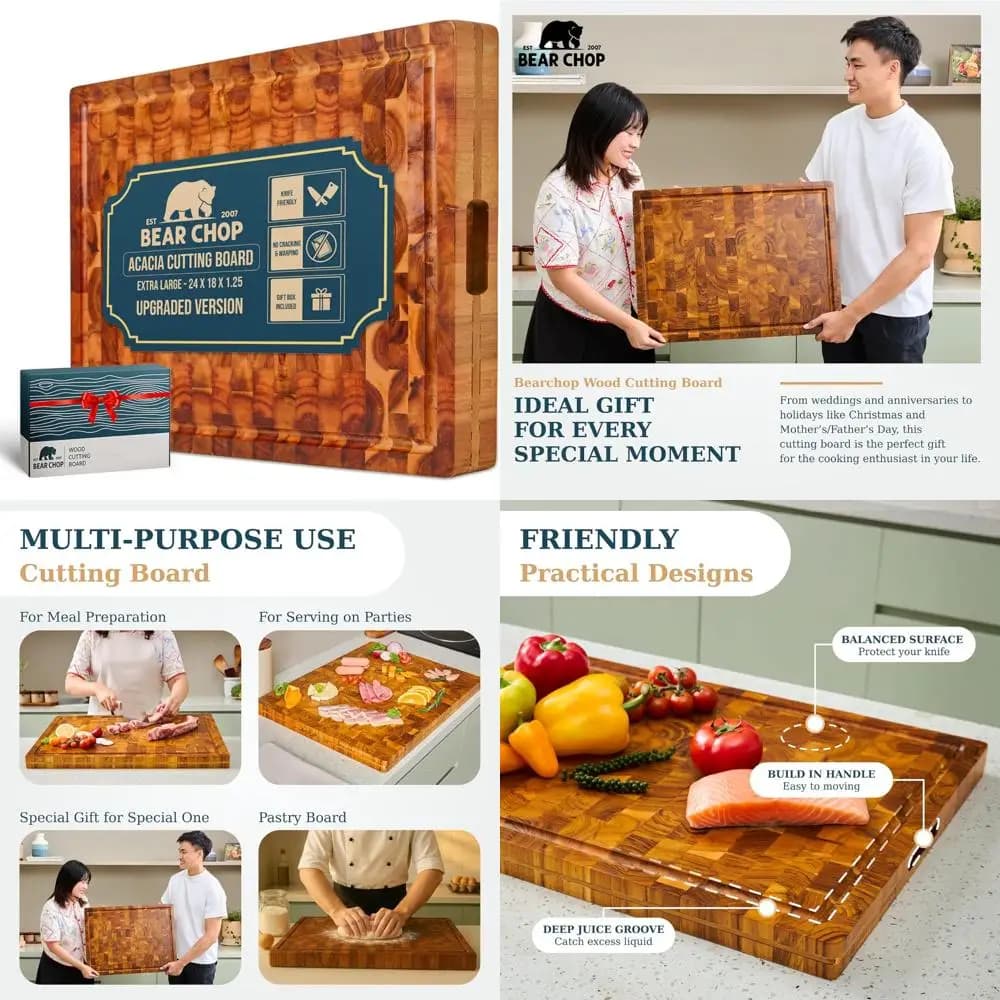Tagliere da cucina in legno di acacia, 24x18x1,25 pollici, bordi rinforzati per blocchi da macellaio anti-crepe e anti-acca, extra resistenti con