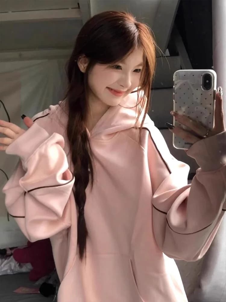 Pink Fleece Lined Pure Cotton Hoodie Women's plus Size American Style Overhead Jacket Winter Outerwear Comfortable Loose Fit