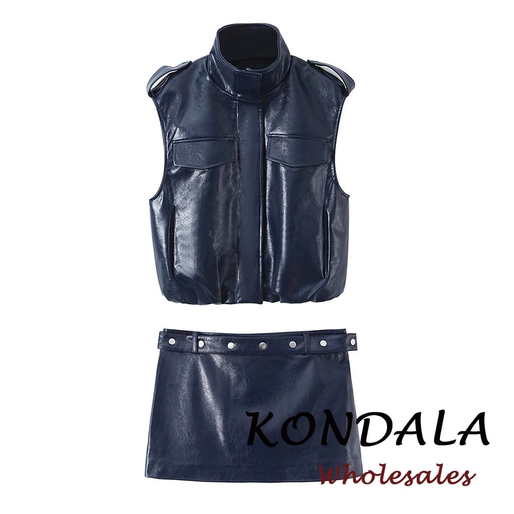 KONDALA 2026 Completo Primaverile Blu in PU da Donna, Stile Vintage, con Gilet Dritto con Cerniera e Tasche + Minigonna a Tubino con Cintura, Set Moda Femminile
