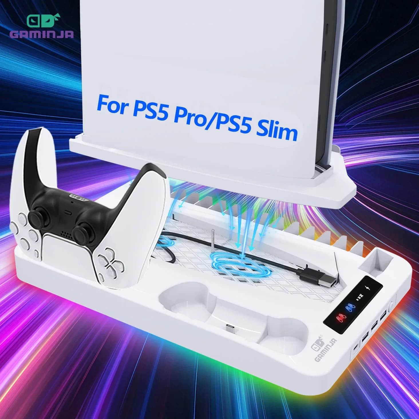 GAMINJA P58 cooling support for PS5, RGB charging base, charging station for double controller, PS5 double controller charger