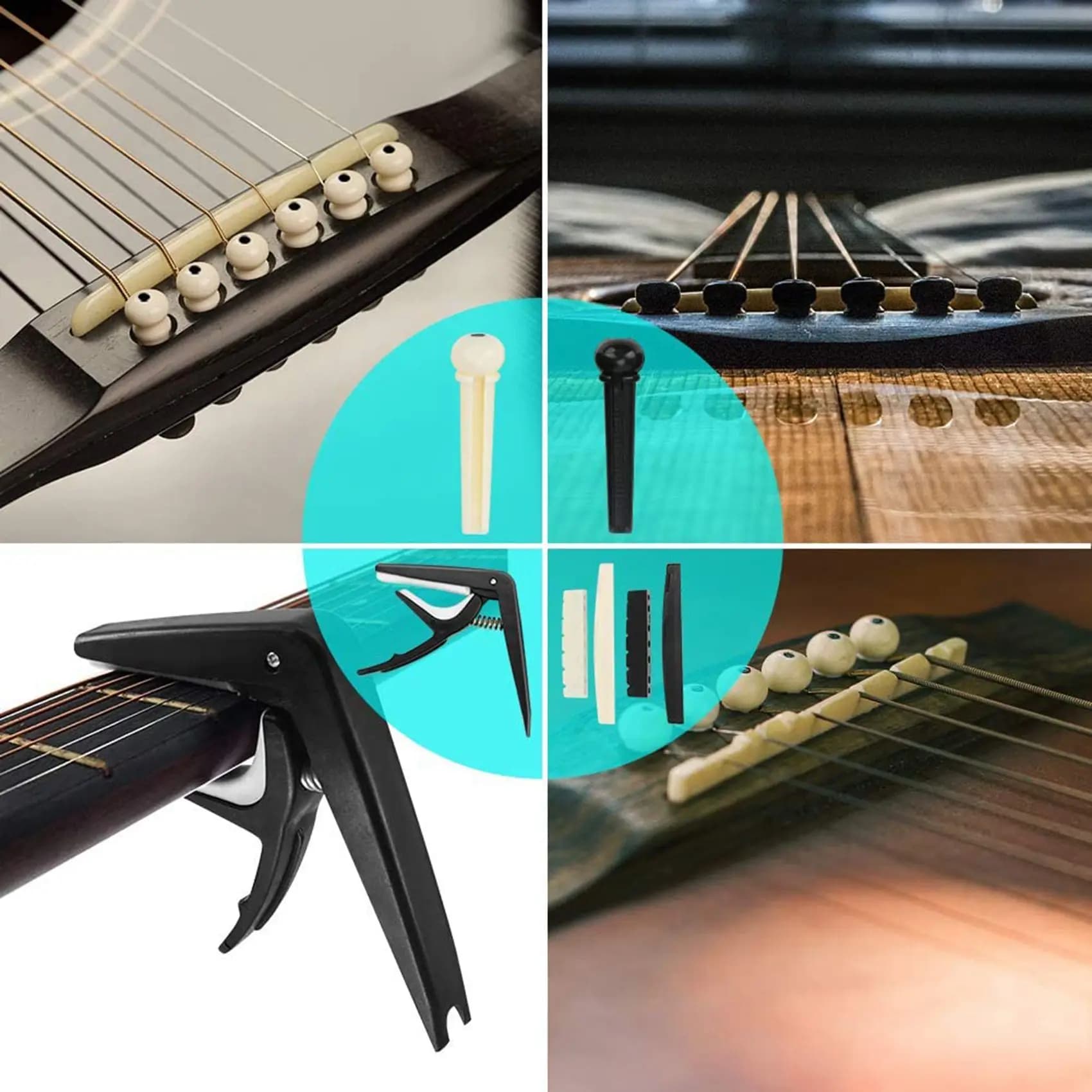 ROO Kit di accessori per chitarra da 65 pezzi con corde per chitarra, accordatore, capotasto, plettri, plettri, plettri per pollice, perni del ponte