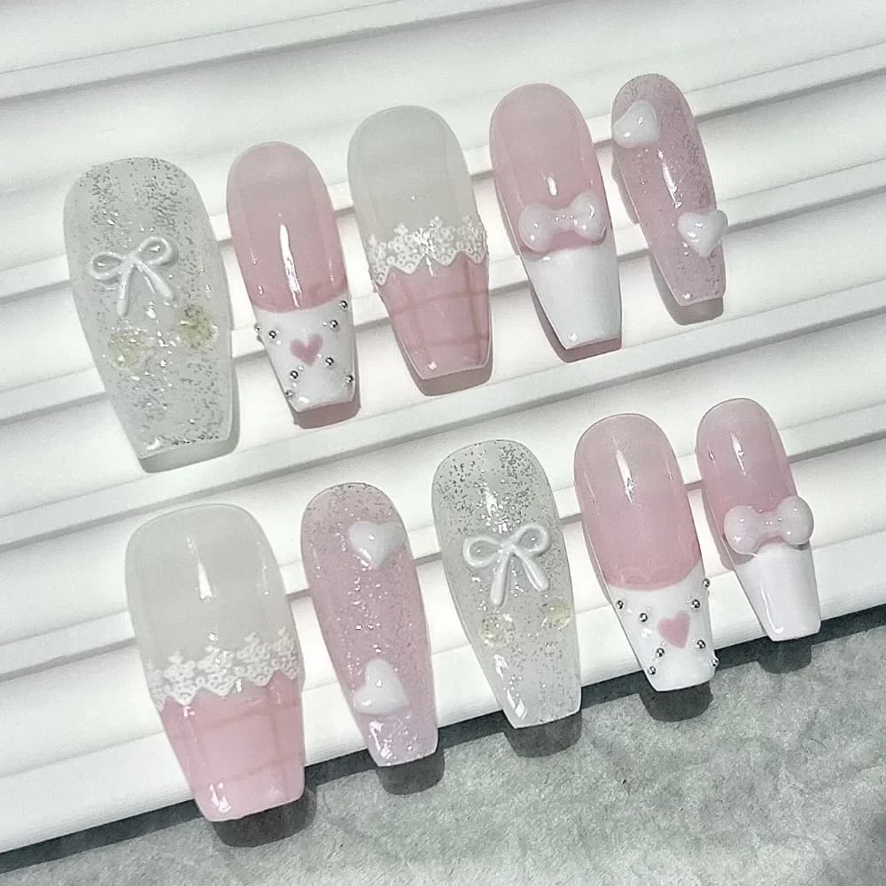 10 pezzi rosa fiocco amore pizzo francese nail art rosa bianco carino ciliegia fatta a mano unghie finte ragazza lunga dolce sexy stampa sulle unghie