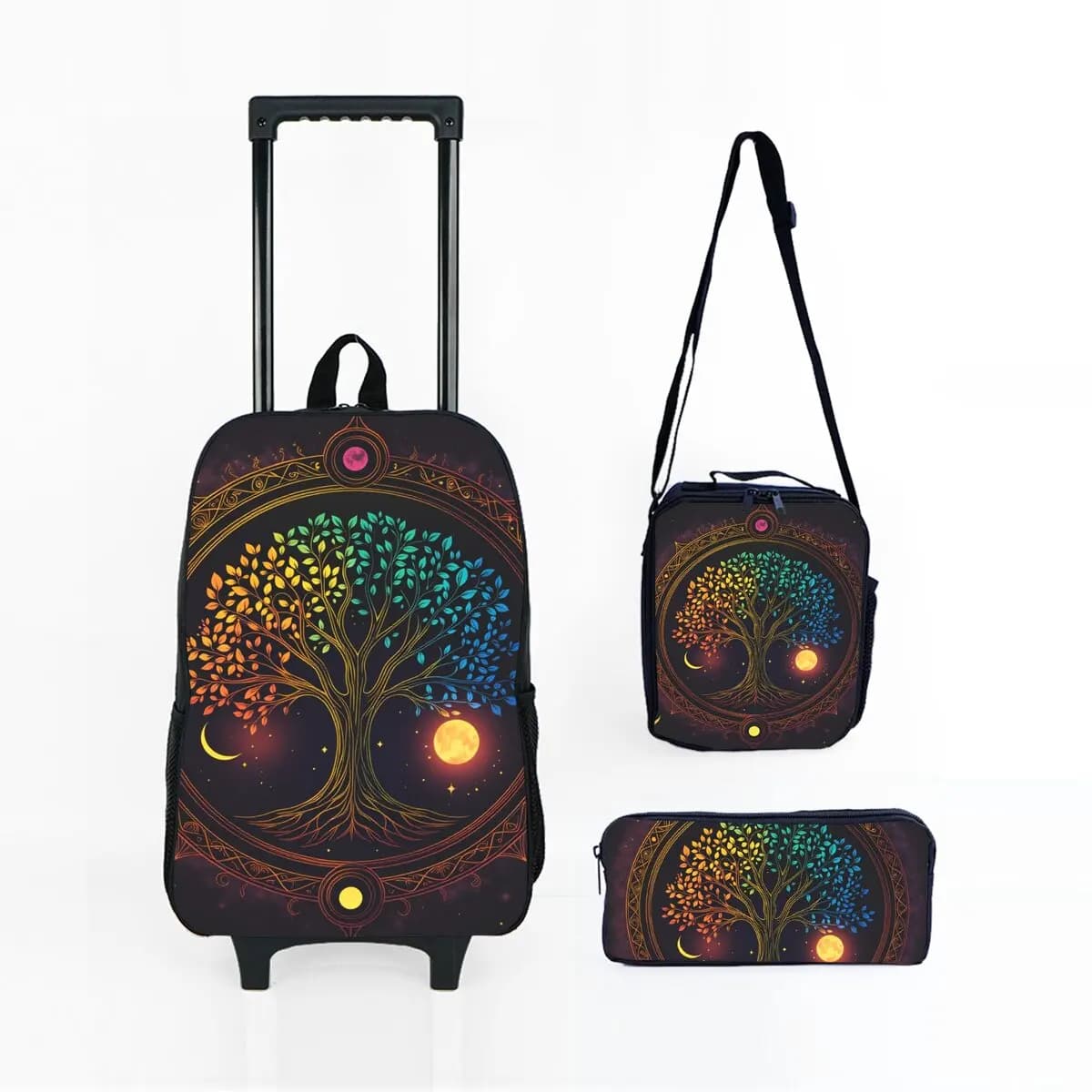 Set di Borse Trolley con Ruote Albero della Vita, con Borsa Pranzo e Astuccio con Ruote, Zaino Trolley Scolastico per Ragazze/Ragazzi