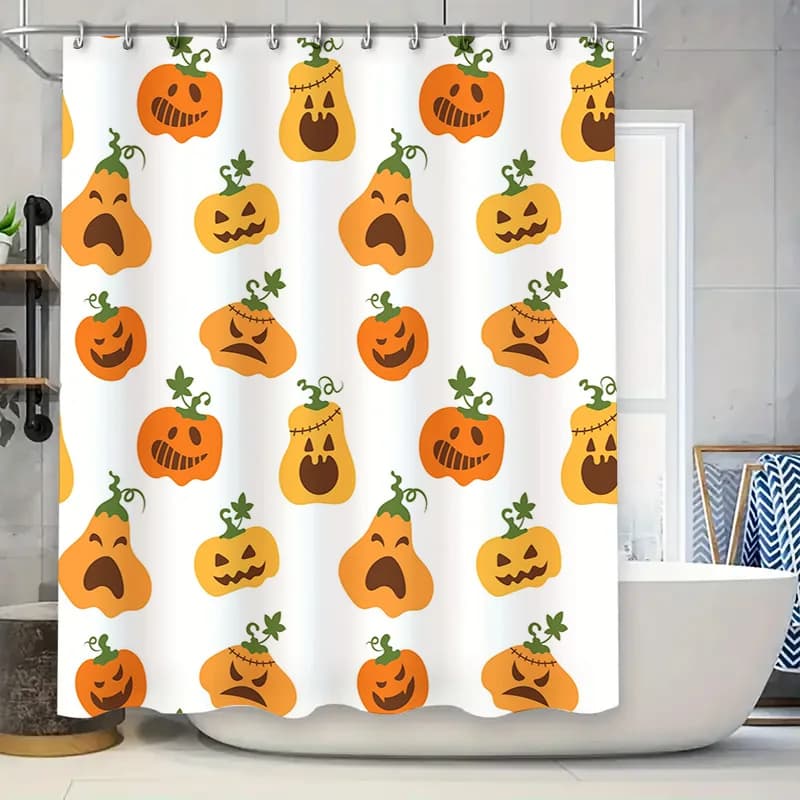 Zucche di Halloween Tenda da doccia Tessuto decorativo Tappetini da bagno impermeabili per bambini Arredamento bagno Stampa zucca arancione 72x72 pollici (1