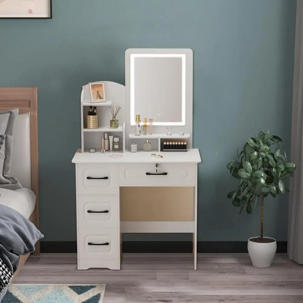 Tavolo da Trucco con Specchio, Grande Toeletta con 6 Ripiani Apribili, 4 Cassetti, Tavolo da Trucco con Luci, Mobile da Camera da Letto