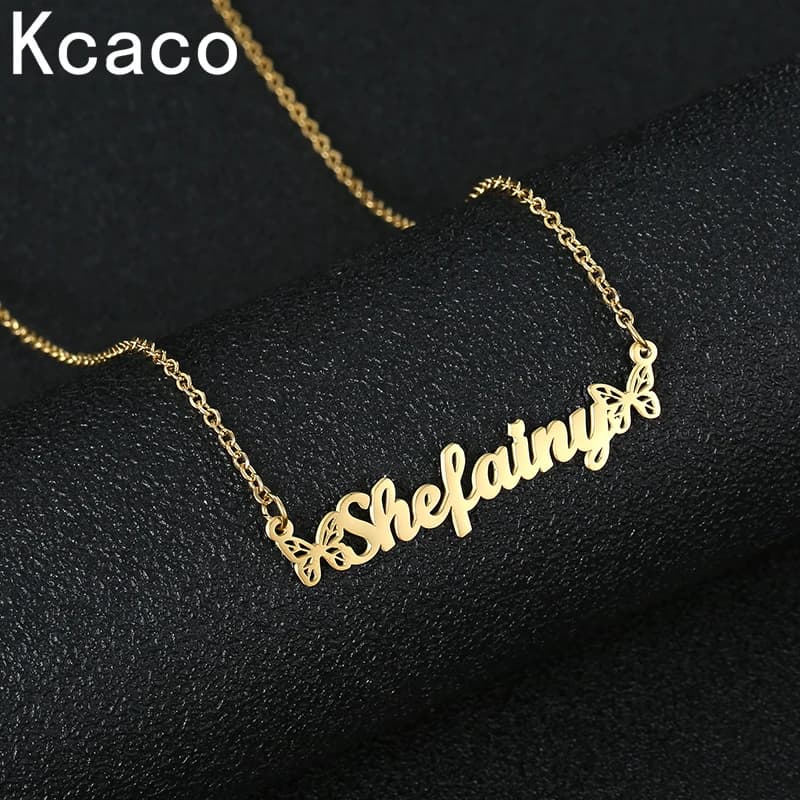 Stainless Steel Custom Name Necklace With Female Butterfly, Custom Letters, Crew Neckline Necklace, Jewelry Gift