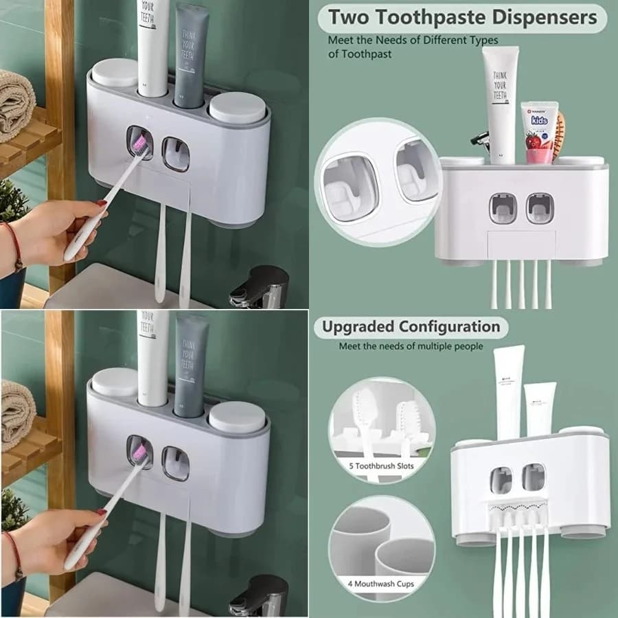 Portaspazzolini con Dispenser di Dentifricio da Parete per Bagno - 4 Bicchieri, Spremitore Automatico Elettrico per Dentifricio - Bagno