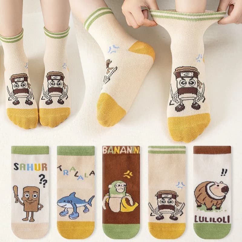 5 Pairs Italian Brainrot Kids Socks Cotton Boy Girl Cartoon Cappuccino Assassino Tungtung Sahur Child Baby Casual Soft Sock Gift