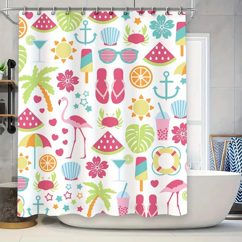 Set di tende da doccia estive divertenti Decorazioni per feste in spiaggia per bagni Colori vivaci Modelli giocosi Tessuto ad asciugatura rapida con anelli a gancio (S