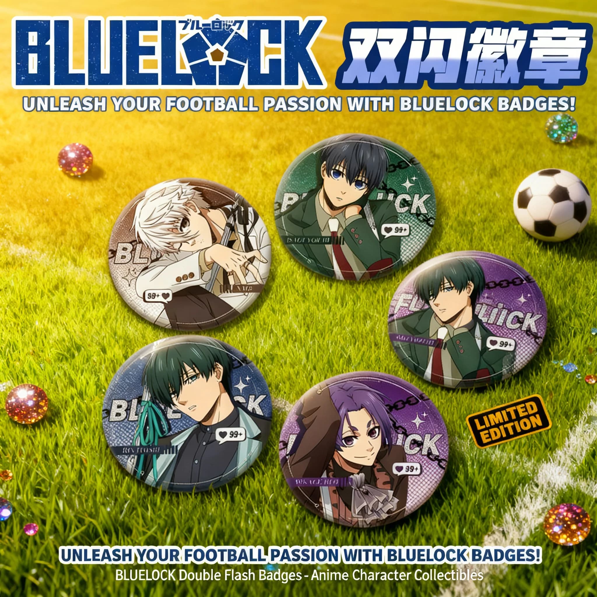 Blue Lock Anime Manga Cosplay Accessories Badge Pin 284-287 75mm 58mm Double Flash Pet Gift Collection Merchandise for Fans
