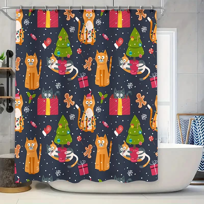Tenda da doccia natalizia festiva Sfondo blu con gatti arancioni Alberi verdi per l'arredamento del bagno (dimensioni personalizzabili) Gif perfetto