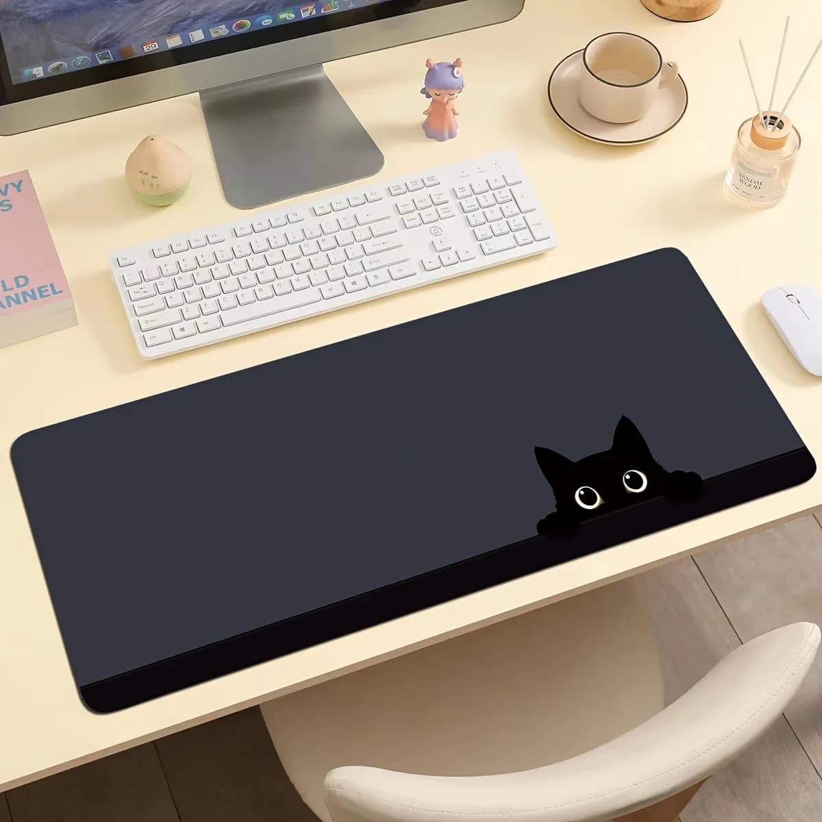 Cute Little Black Cat Gaming Mouse Pad Non Slip Rubber Base Stitched Edges for Wireless Mouse Keyboard Office Home