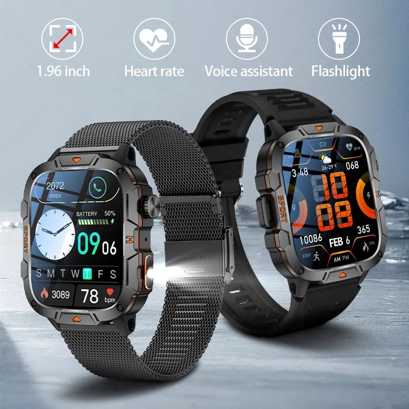 Smartwatch Man 2026 with 1.96" AMOLED Screen, Waterproof IP68, for Open Sports, LED Flashlight, New Military Model with Bluetooth Call