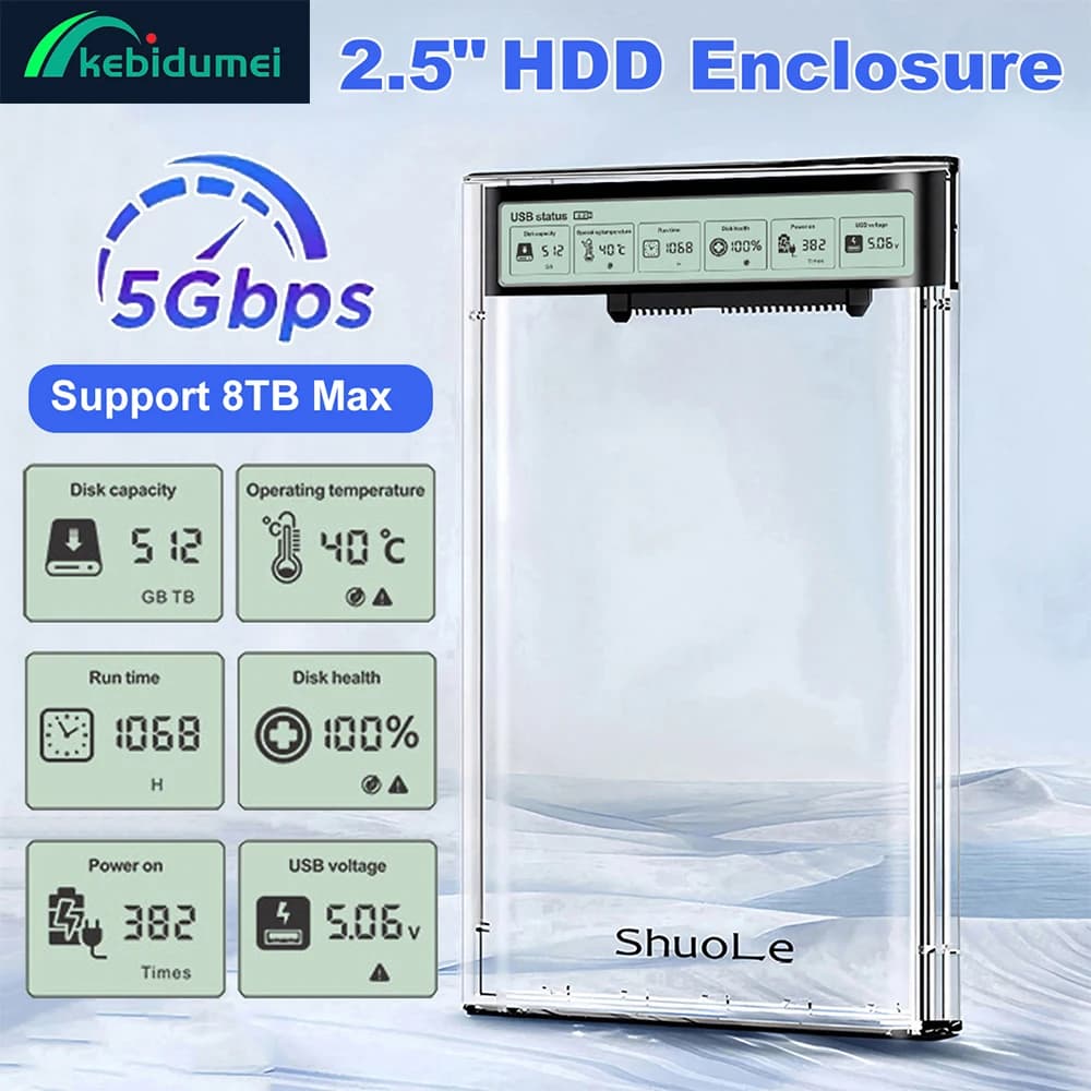 Kebidumei Smart Display HDD Case 2.5" Trasparente, Box Esterno USB C per HDD, Custodia per Archiviazione SATA HDD SSD per Laptop PC