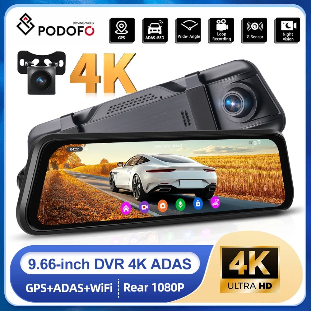 Podofo Auto Mirror Camera per Auto Touch Screen Videoregistratore Retrovisore 9.66 "Specchio Dash Cam Telecamera Frontale e Posteriore Specchio DVR
