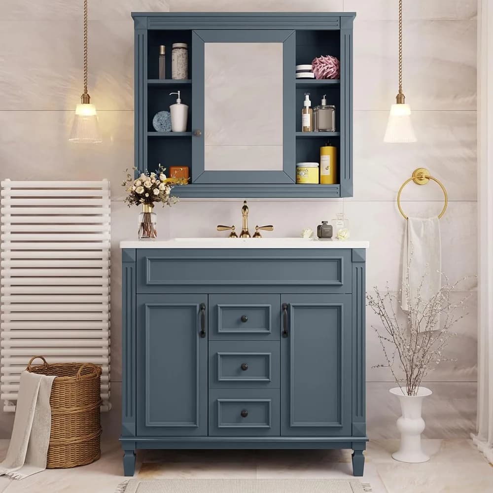 Vanity da bagno da 36 pollici con lavabo, mobiletto da bagno da 36 pollici con armadietto dei medicinali a specchio abbinato, piano lavabo in ceramica,