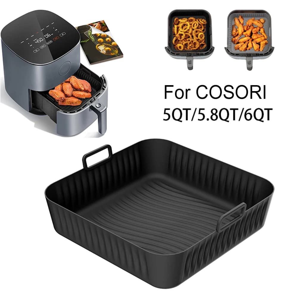 1 rivestimento in silicone per friggitrice ad aria per cestello quadrato Cosori 5QT/6QT con bordi rialzati da 14 mm, tappetino antiaderente riutilizzabile per una facile pulizia