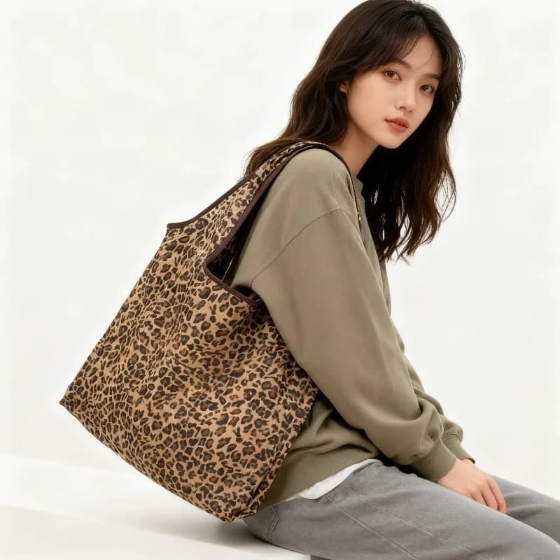 Foldable tote bag with leopard print, light, polyester, leak proof, reusable for shopping, travel, jobs