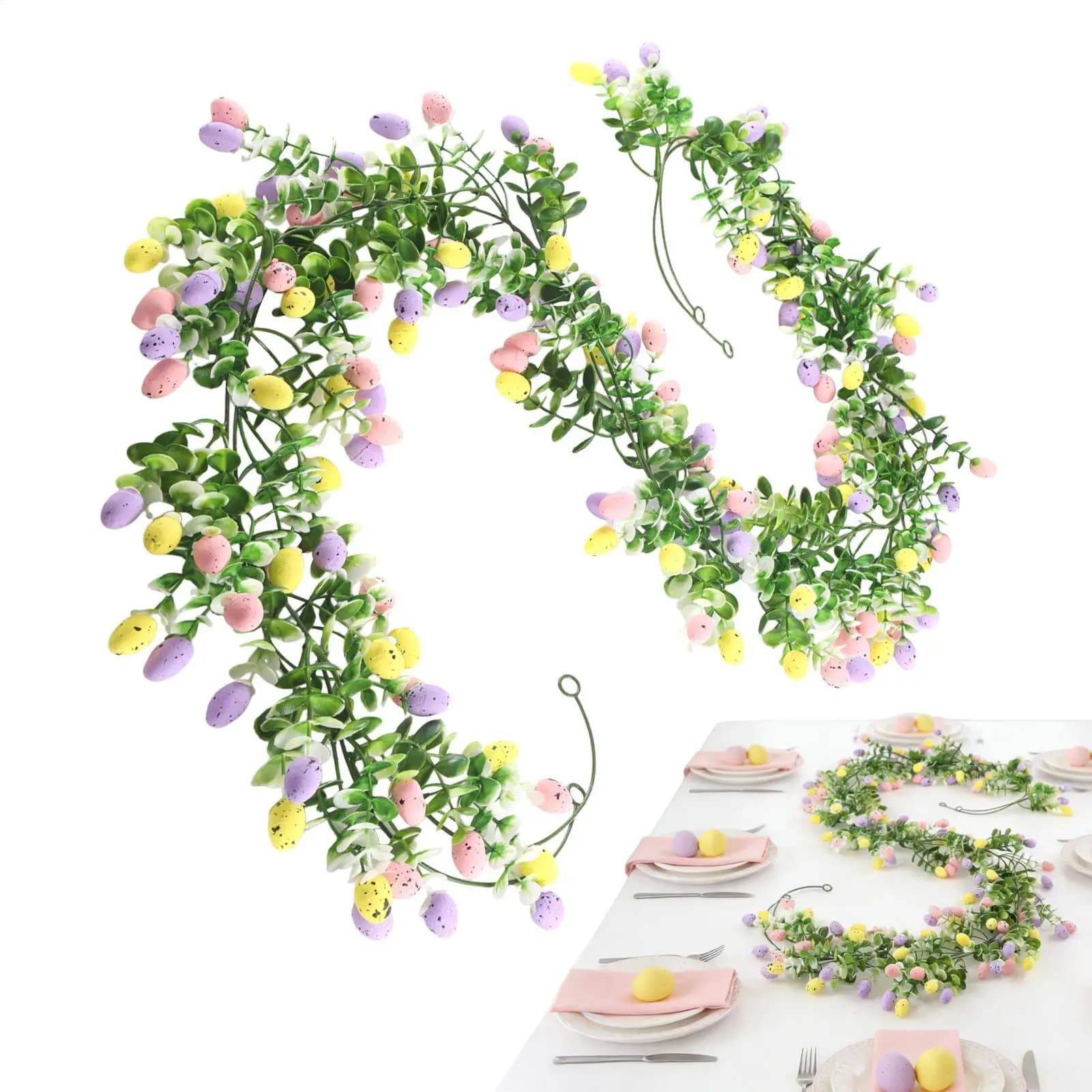Easter egg garland 2 pieces for Easter decorations, multicolored spring flowers garland, artificial wall decoration for Easter tree decorations