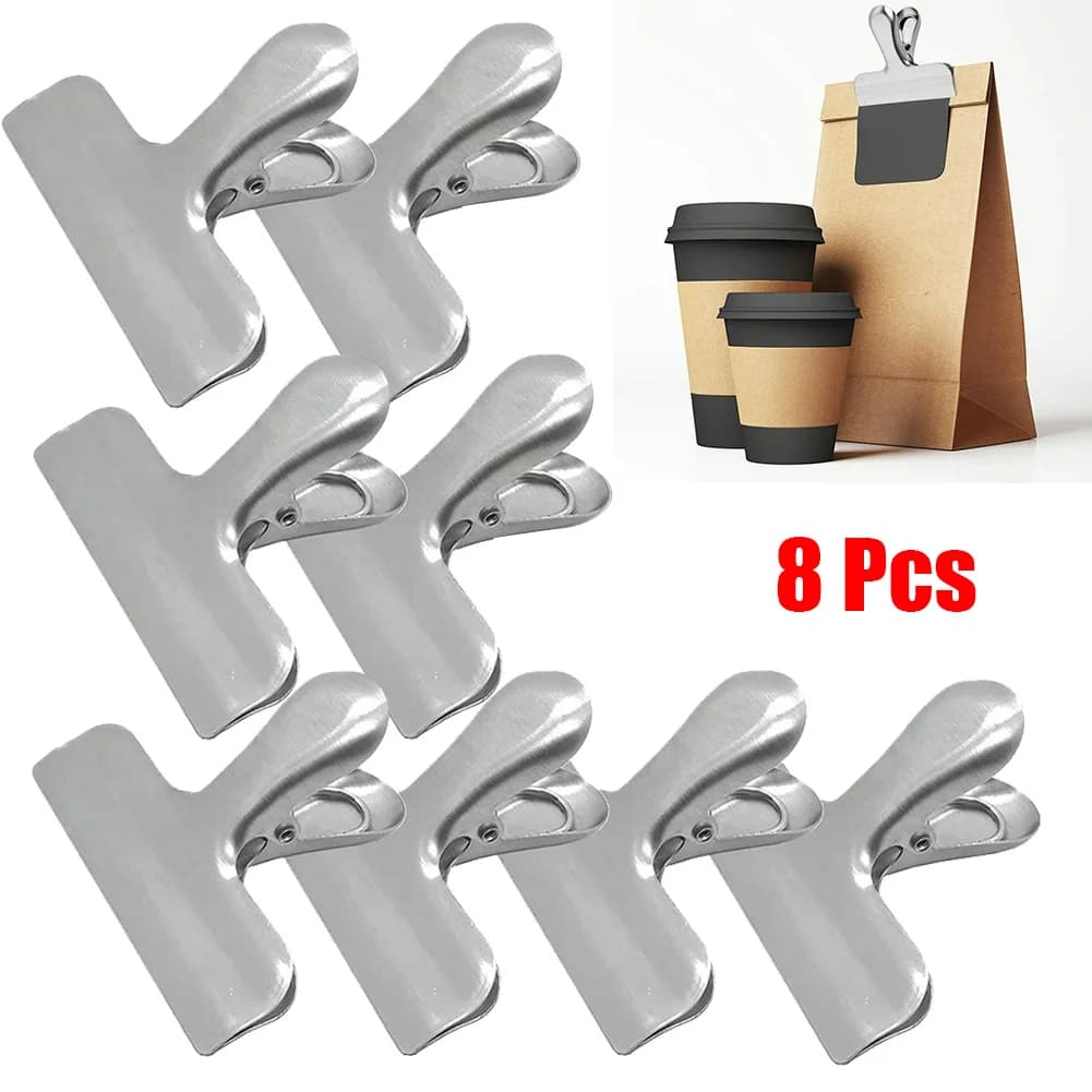 Set di fermagli per sigilli da 8 pezzi Clip per sacchetti in metallo cartella per biglietti conservazione degli alimenti Clip per raccoglitore a Clip Clip per alimenti in acciaio inossidabile Clip per banconote