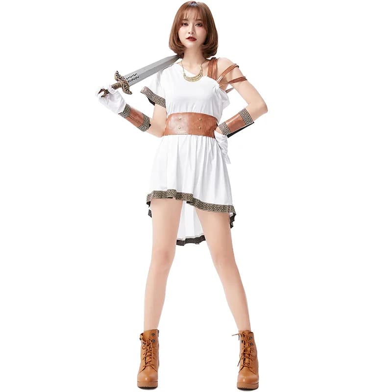 Greek Warrior Costume Pu Belt Gloves Mini Dresses 3pcs Set Athena Goddess Olympus Soldier Halloween Cosplay Larp Battle Armor