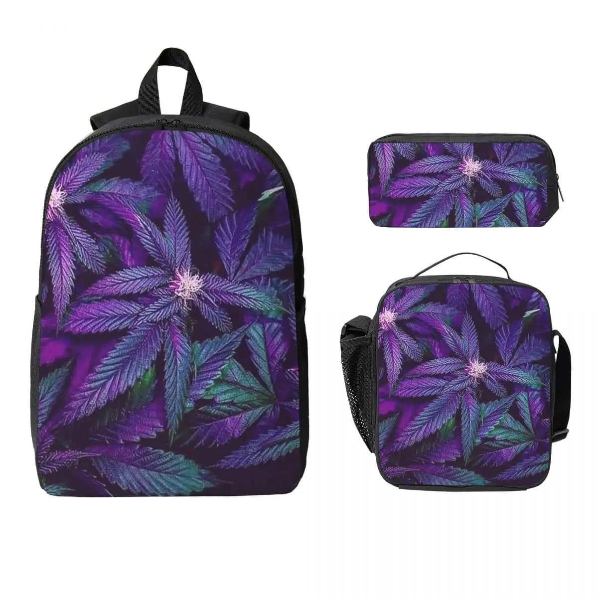 Psychedelic Purple Cannabis Marijuana Weed Pot Leaves Backpack BookBag School Bag 3ps Insulated Lunch Bag Pencil Case