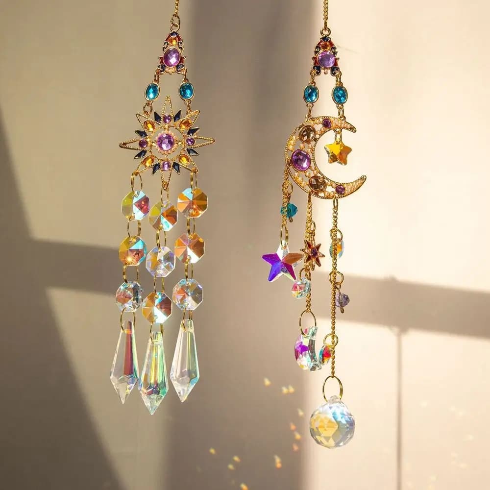2026 New Crystal Suncatcher Wind Chimes Handmade Sun Moon Hanging Ornament Creative Colorful Crystal Pendant Home Garden