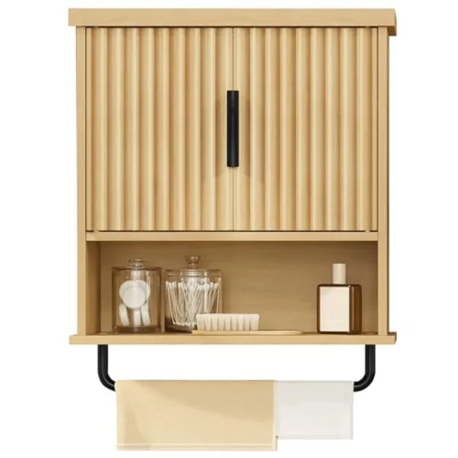Collezione MAXE - Mobiletto da Bagno Sospeso a Parete Sopra il WC con Ripiano Regolabile, Portasciugamani e Ante Scanalate 7.9 x