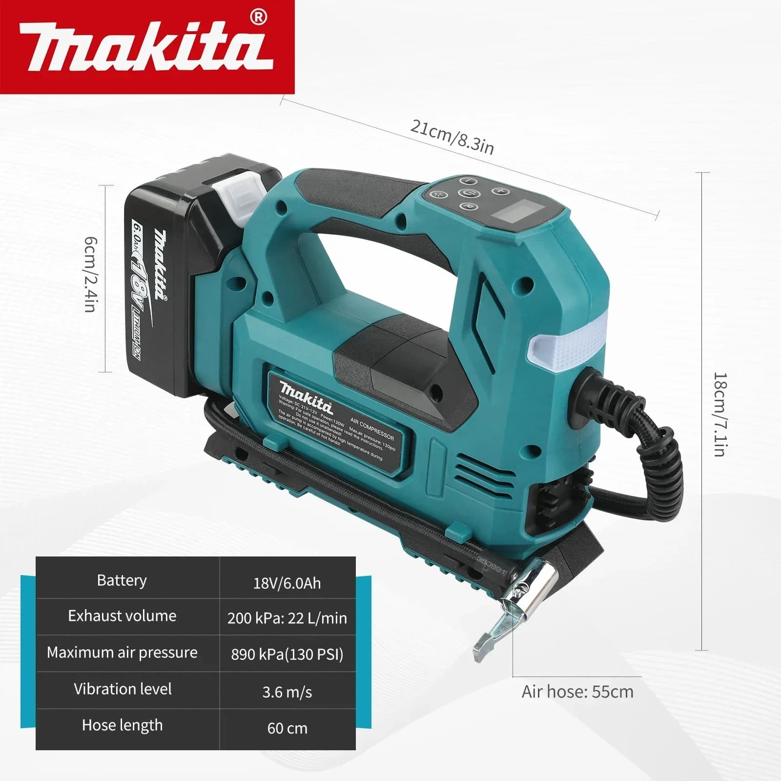 Compressore d'Aria Portatile Makita 20V Senza Fili con Display Digitale per Auto, Moto e Biciclette, Strumento di Gonfiaggio con Arresto Automatico