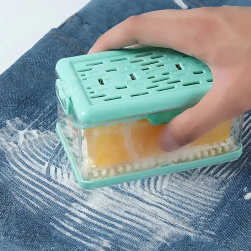 Soap dish with foam brush, transparent support with lid and laundry squid, creates rich foam quickly