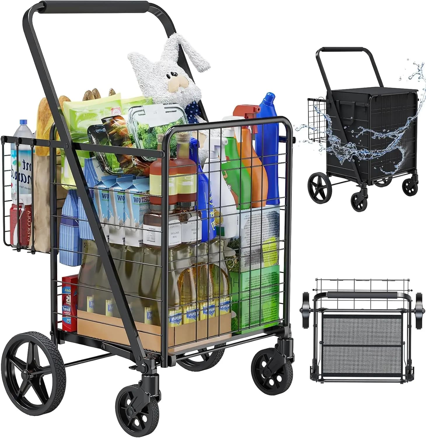 Foldable shopping cart with waterproof bag, double basket 23 gallons and 360 ° Wheels, supports 260 pounds for shopping and laundry