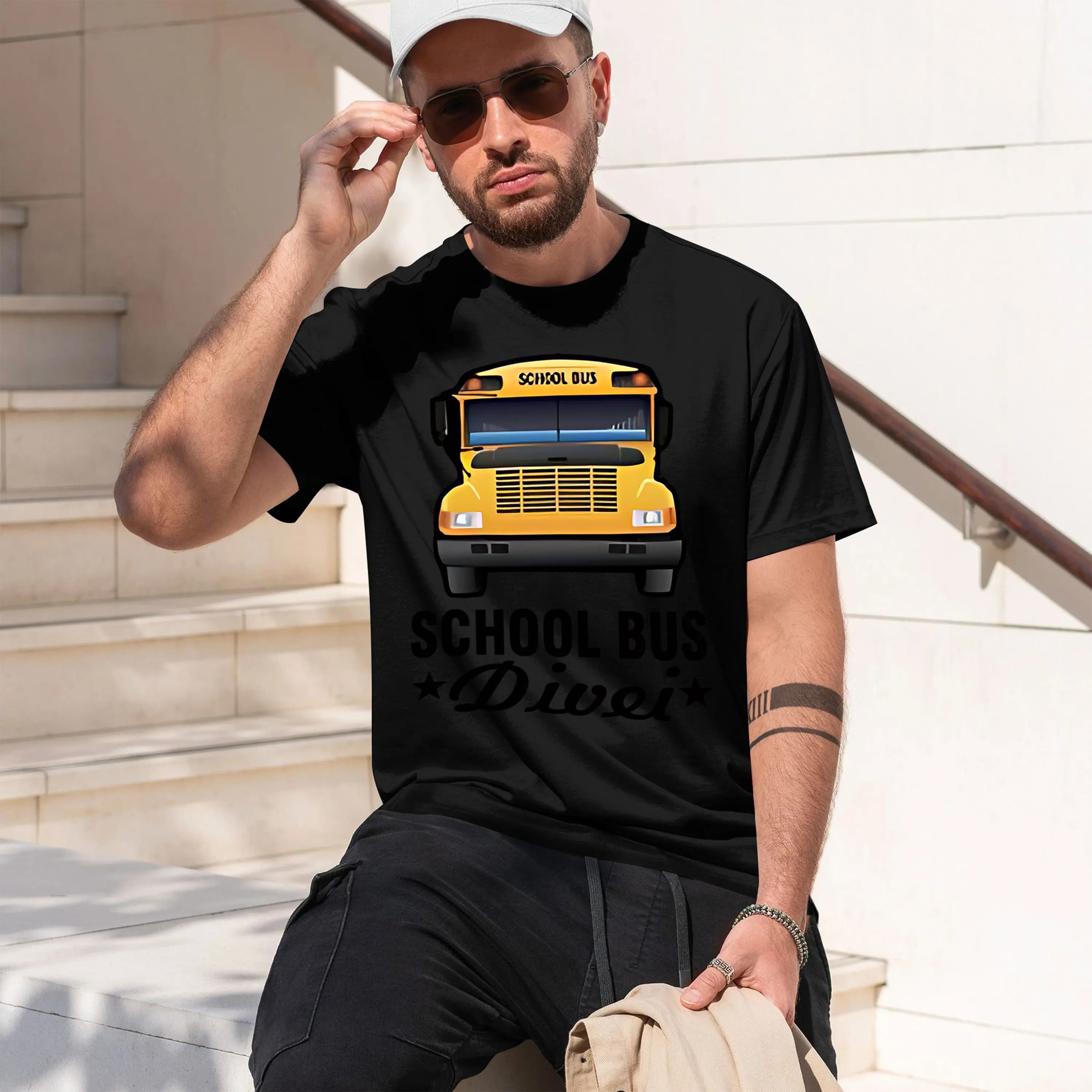 Maglietta a maniche corte girocollo da uomo modello nuovo 2026 con stampa Bus Driver Strap con design Bus Sool Giallo, stile casual, per pesca e viaggio