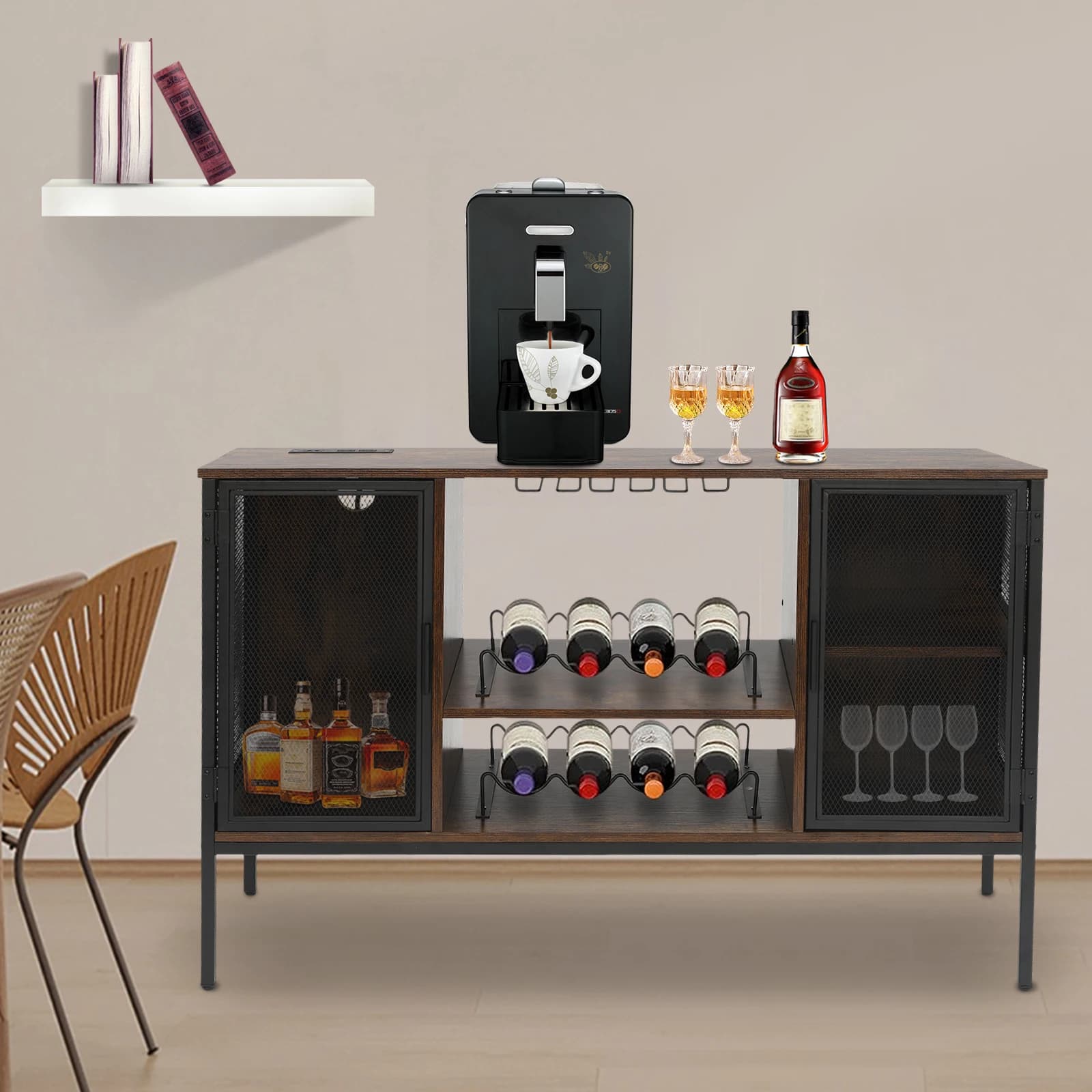 120*34*76.5 centimetri Wine Bar Cabinet Coffee Bar Cabinet Coffee Station Credenza Wine Rack con supporto in vetro per Soggiorno Cucina