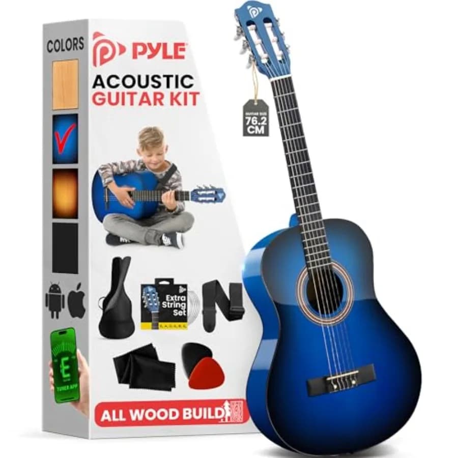 Kit Chitarra Acustica per Principianti 3/4 Junior, Strumento Interamente in Legno con Kit Accessori Completo, Plettri, Tracolla, Custodia e Strumento per la Pulizia