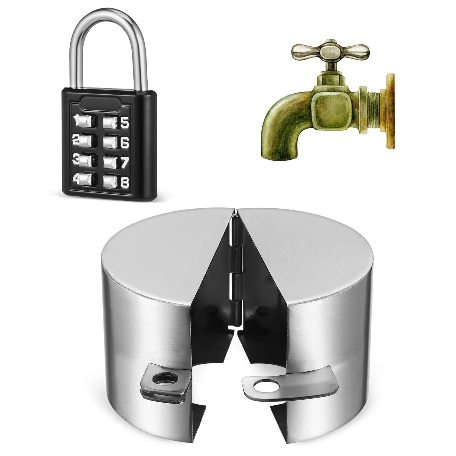 Set di Lucchetti per Rubinetto in Acciaio Inox, Protezione per Rubinetto Esterno, Lucchetto Codificato Facile da Installare, Antifurto per Giardino